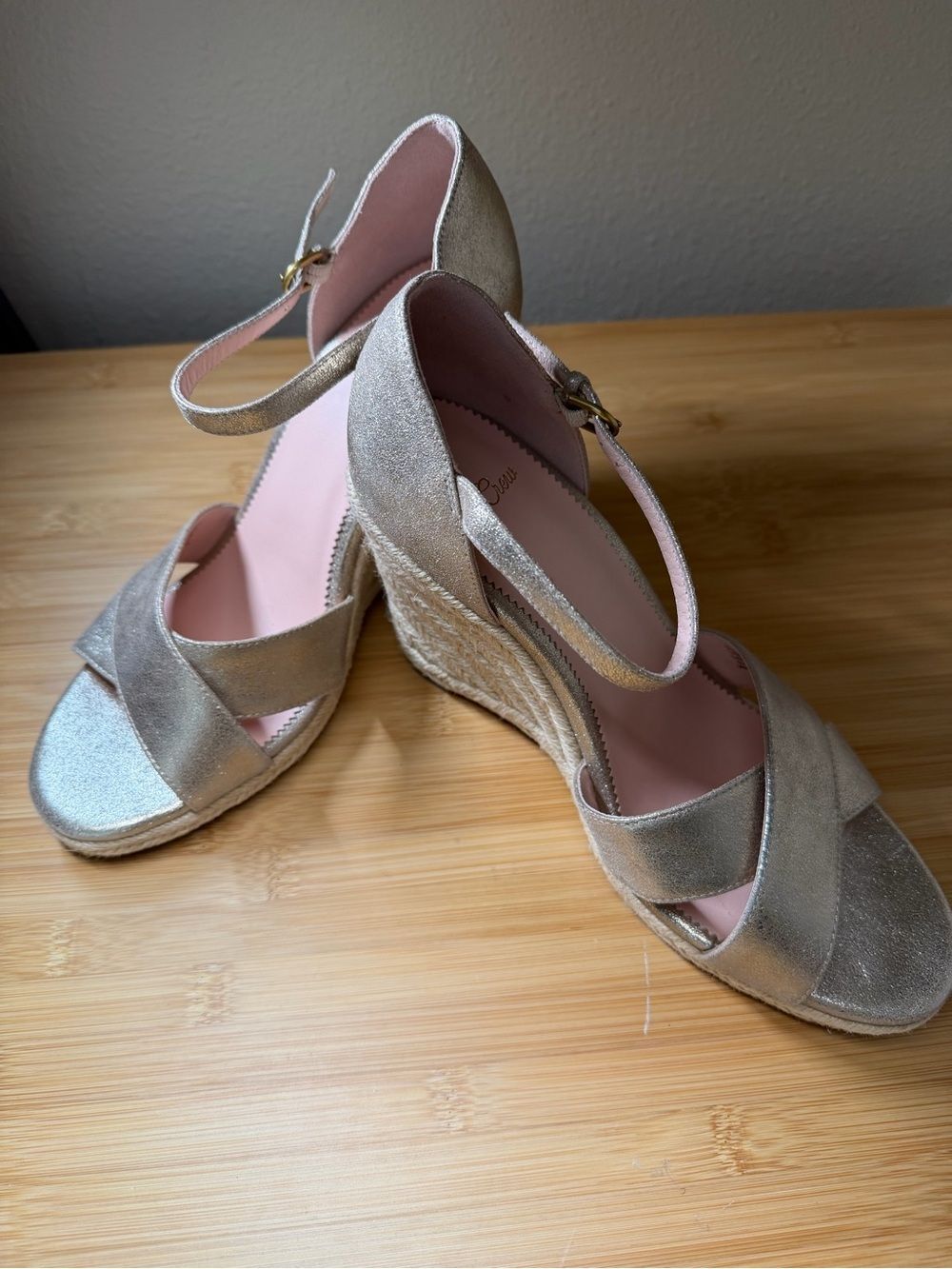 J. Crew Women's Jute Leather Metallic White Gold Espadrille Wedge Sandals Sz 10